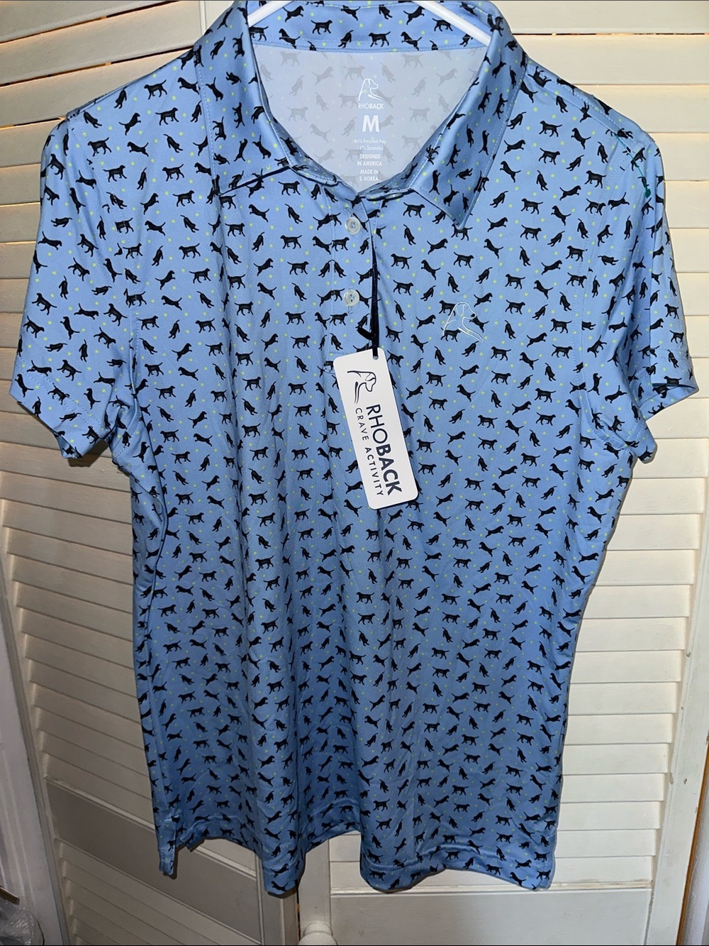 Rhoback Sky Blue Polo with Black Dog Print